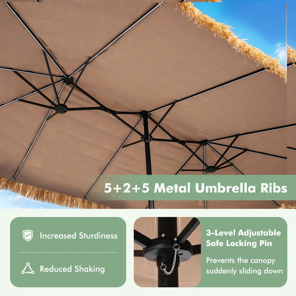 Double-sided 15 x 9 FT brown patio umbrella with 144 multi-colored lights and sturdy 5+2+5 metal ribs for outdoor gatherings.