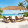 Solar double-sided patio umbrella with 144 lights and crank lift, providing shade and ambiance for beachside relaxation.