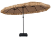 The 15 x 9 FT solar double-sided patio umbrella features layered PE thatch and 144 lights for a tropical ambiance.