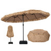 Solar double-sided patio umbrella with layered PE thatch, 144 lights, and crank lift for stylish outdoor gatherings.