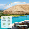 Double-sided 15 x 9 FT patio umbrella features 144 lights, sun-proof polyester fabric, and layered PE thatch for tropical flair.