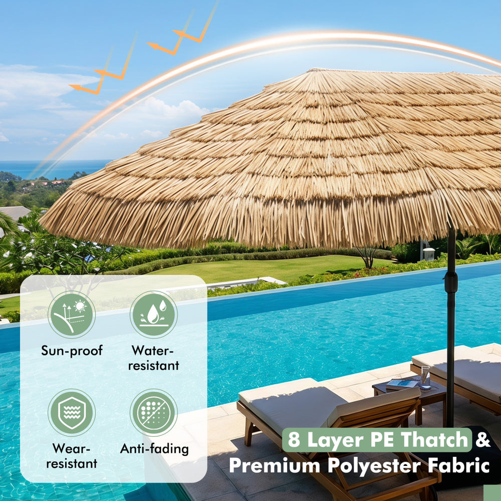 Double-sided 15 x 9 FT patio umbrella features 144 lights, sun-proof polyester fabric, and layered PE thatch for tropical flair.