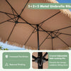 Underneath view of the 15 x 9 FT brown solar double-sided patio umbrella showcasing 5+2+5 metal ribs for increased sturdiness.