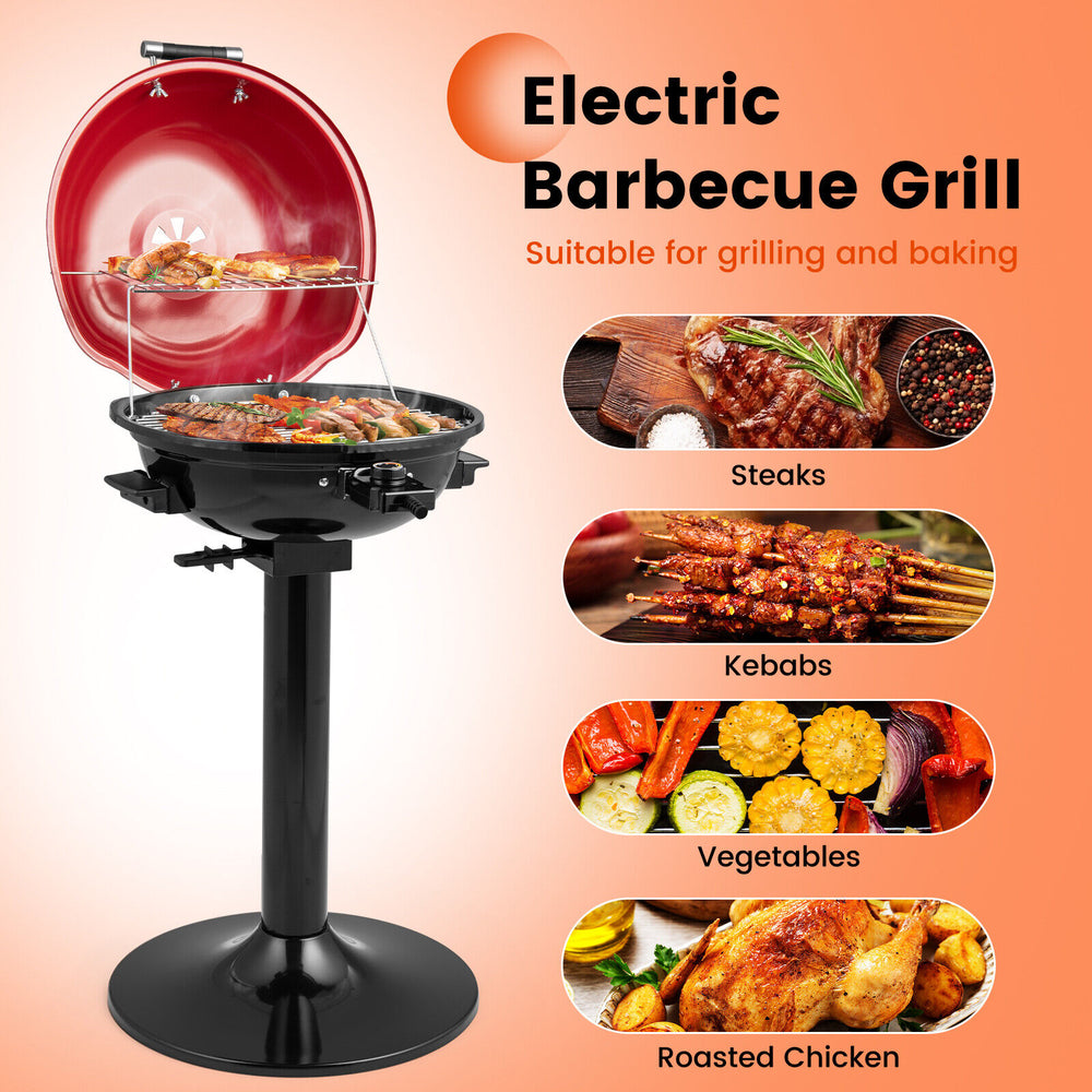 Electric barbecue grill with removable non-stick warming rack in red, ideal for indoor and outdoor cooking.
