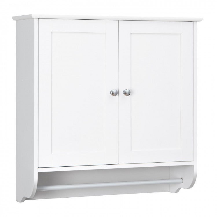 White wooden cabinet with a door and four drawers, ideal for wall-mounted bathroom storage and space-saving solutions.
