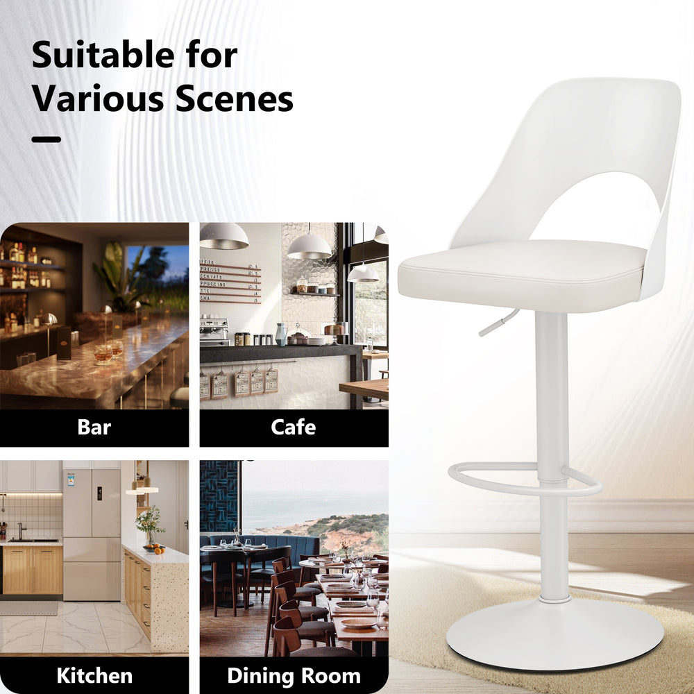 White bar stool with enlarged PU leather seat and footrest, adjustable height, ideal for cafes and dining rooms.