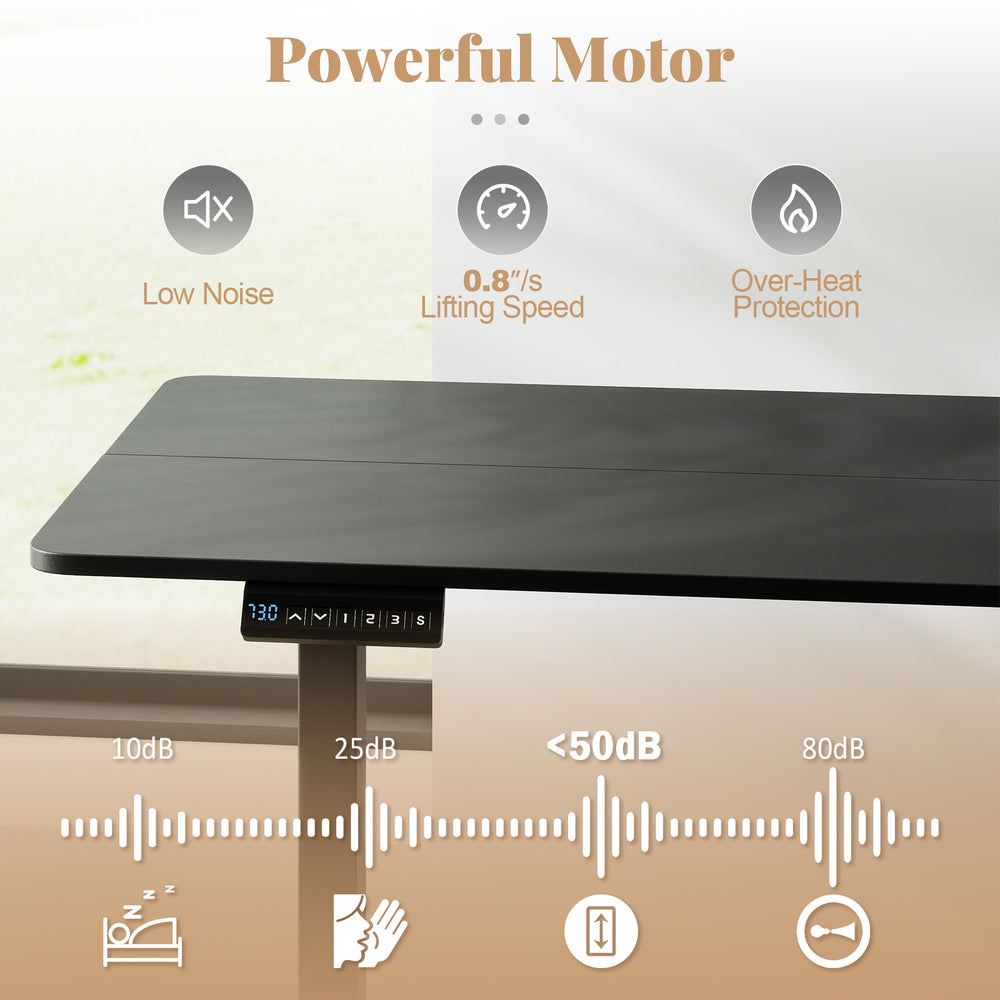 Ergonomic electric standing desk with a 48" x 24" surface, digital control panel, and adjustable height from 28.5" to.
