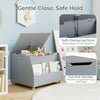 Gray wooden mobile toy storage organizer with lockable wheels, featuring a flip-top lid and front bookshelf for easy.