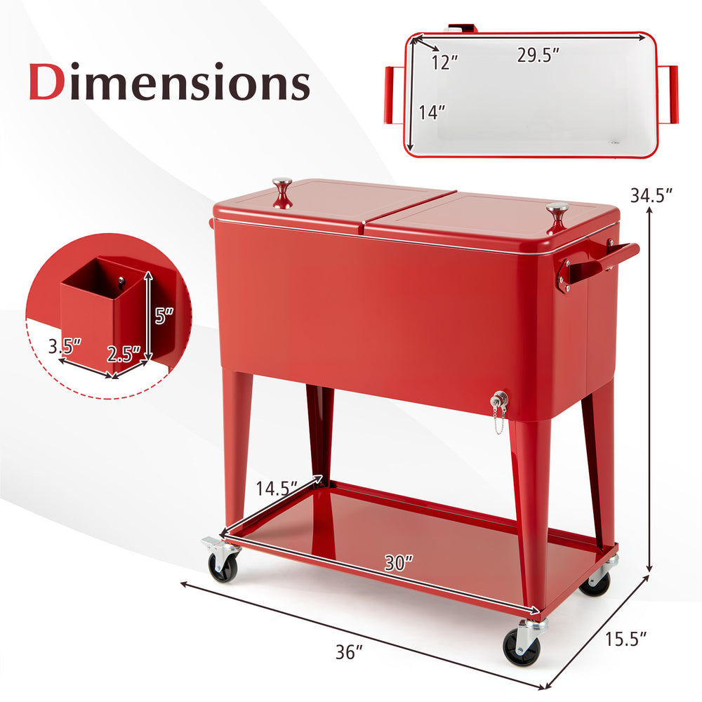 Portable red patio cooler with 80-quart capacity, bottom storage shelf, and bottle opener, ideal for outdoor gatherings.