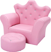 Pink kids sofa with a crown design and tufted ottoman, perfect for fun lounging or reading in a child's bedroom.