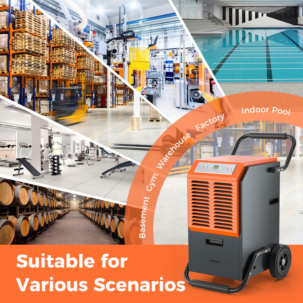 Commercial dehumidifier in gray, removes 163 pints daily, ideal for warehouses, gyms, and indoor pools.