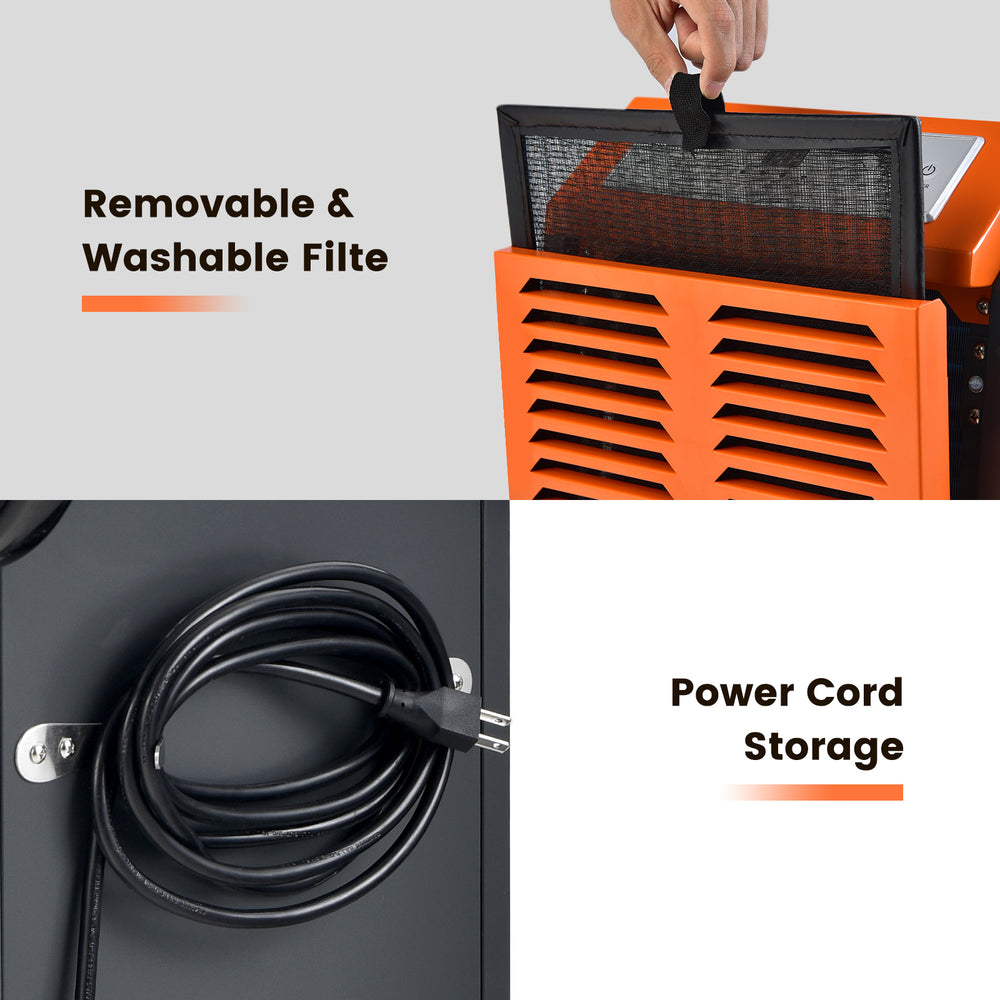 Removable and washable filter of the 163 Pints Commercial Dehumidifier with power cord storage for easy maintenance.
