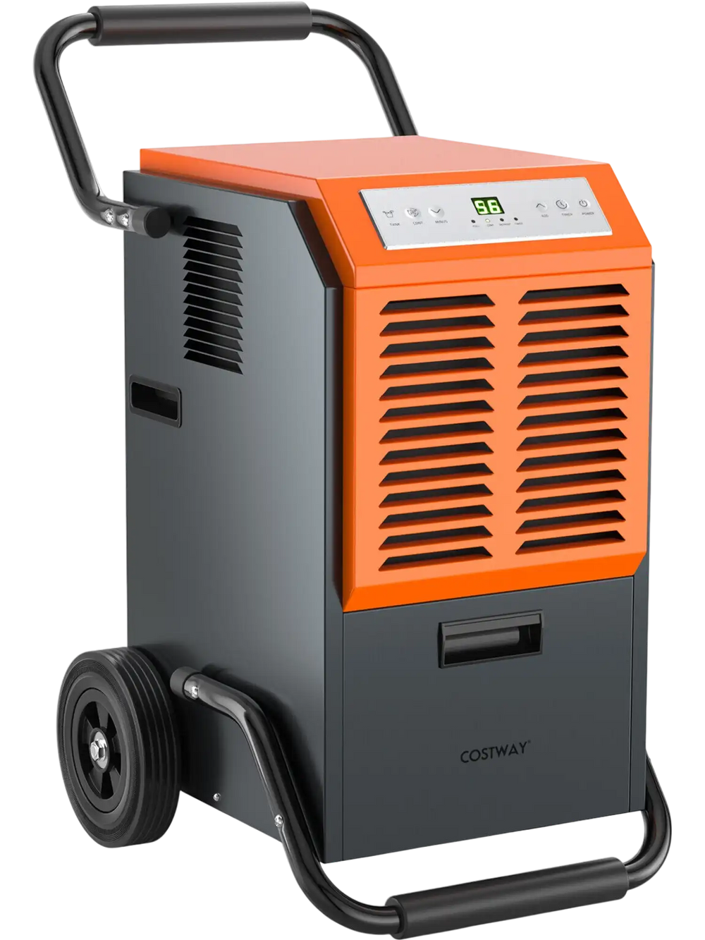 Commercial dehumidifier in gray, removes 163 pints of moisture daily, portable with wheels, ideal for warehouses.