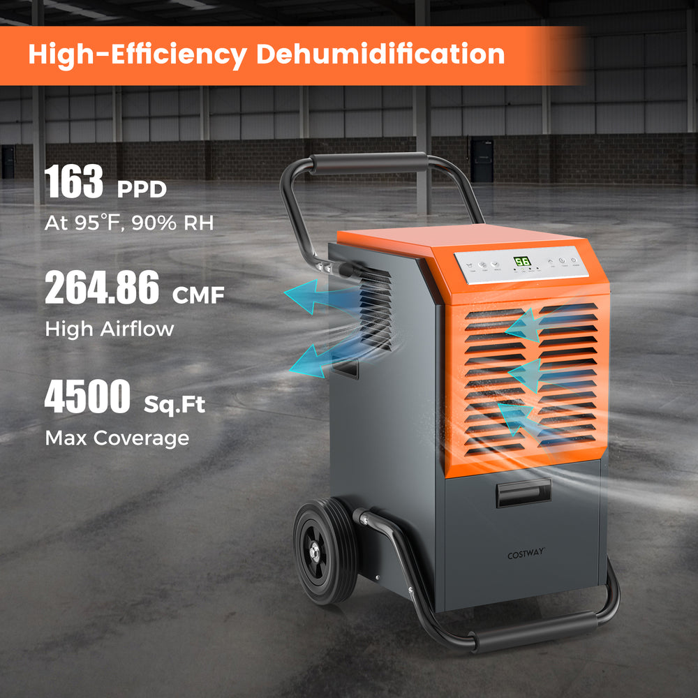 Commercial dehumidifier in gray, removing 163 pints daily, with high airflow for 4500 sq.ft coverage, ideal for.