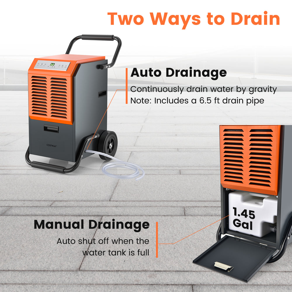 Commercial dehumidifier with drain hose, 163 pints capacity, portable design, ideal for warehouses and large spaces.