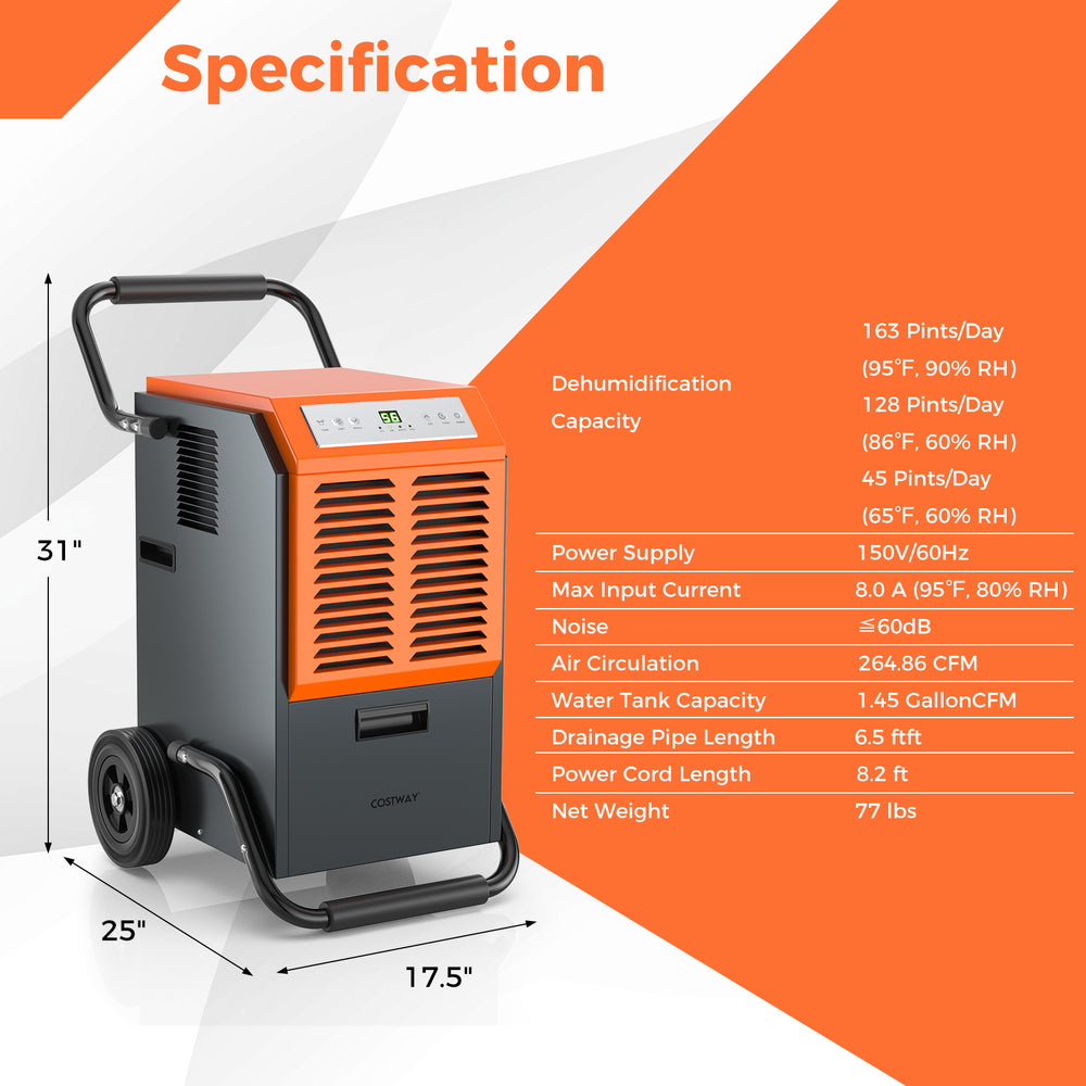Commercial dehumidifier in gray, removing 163 pints/day, featuring wheels and a 6.5 ft drain hose for easy use.