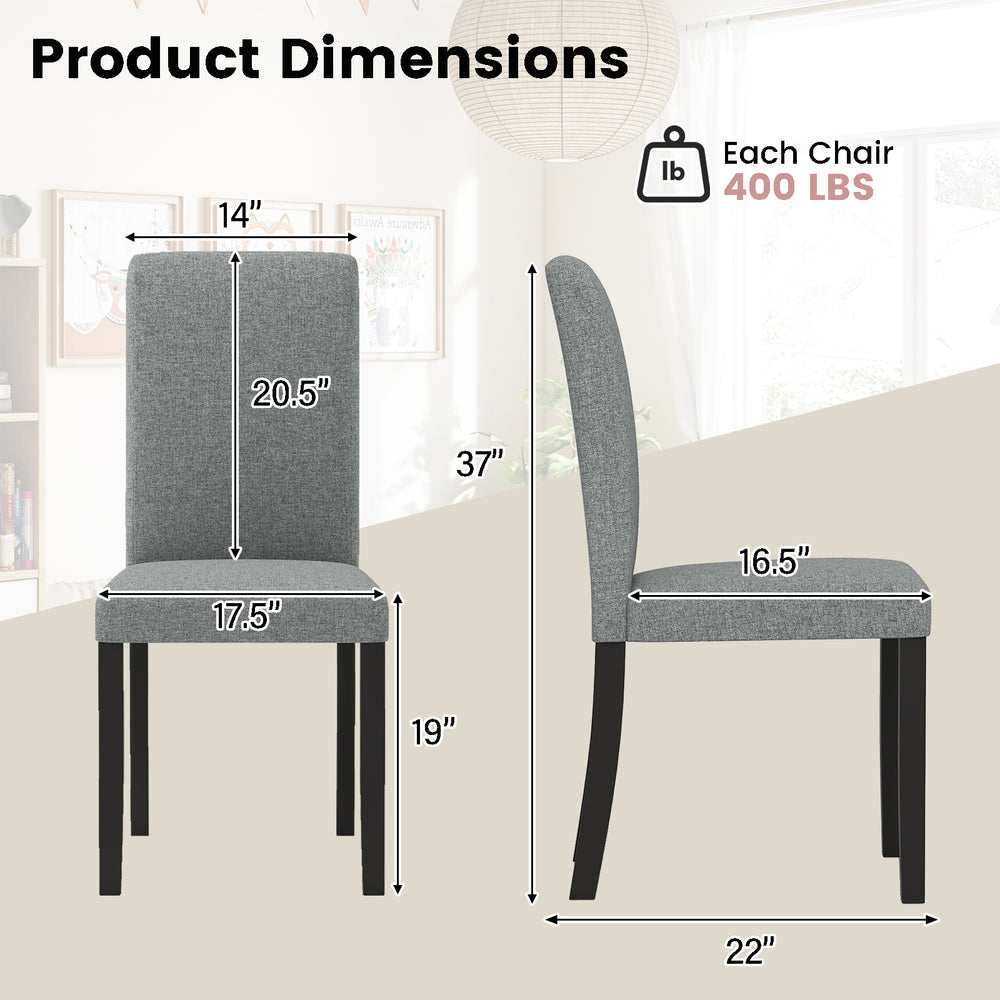 Dimensions of gray dining chair with rubber wood legs, featuring a high backrest and 400 lbs capacity for comfort.