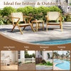 Teak wood patio chair with webbing seat, slanted backrest, and wide armrests, ideal for indoor and outdoor relaxation.