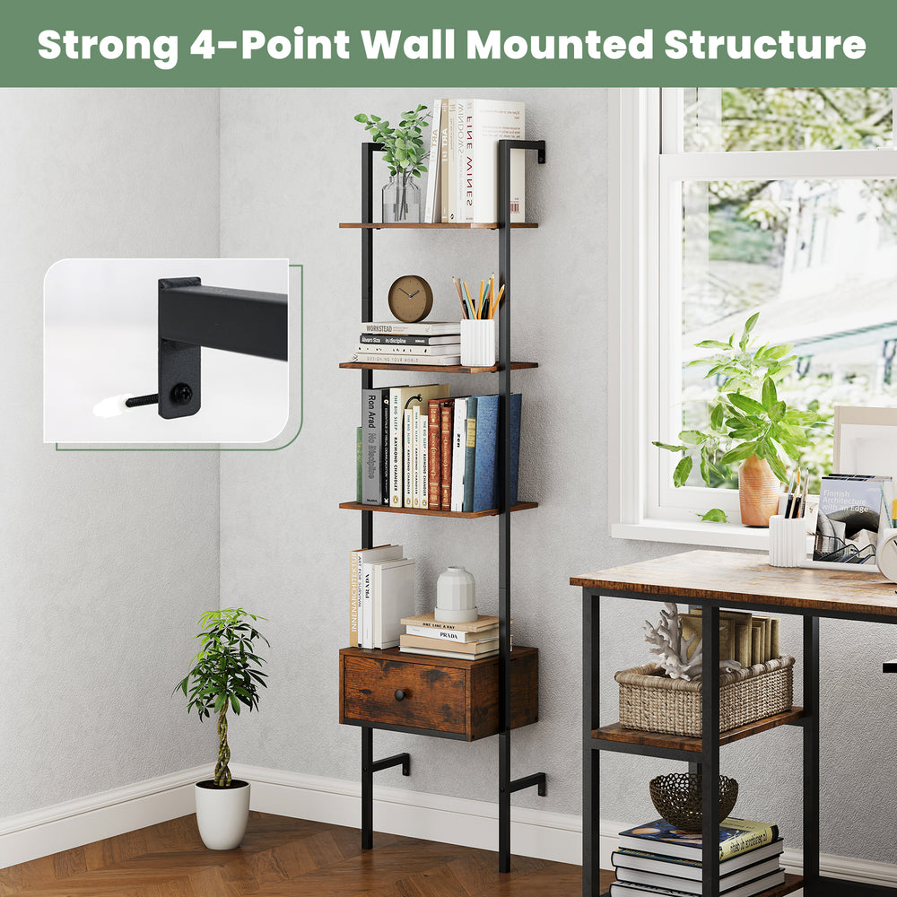 5-tier ladder bookcase in rustic brown with metal frame, featuring a pull-out drawer, ideal for home office storage.