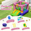 Bouncy castle package includes a carrying bag, ground stakes, and repair kit for easy storage and secure setup.