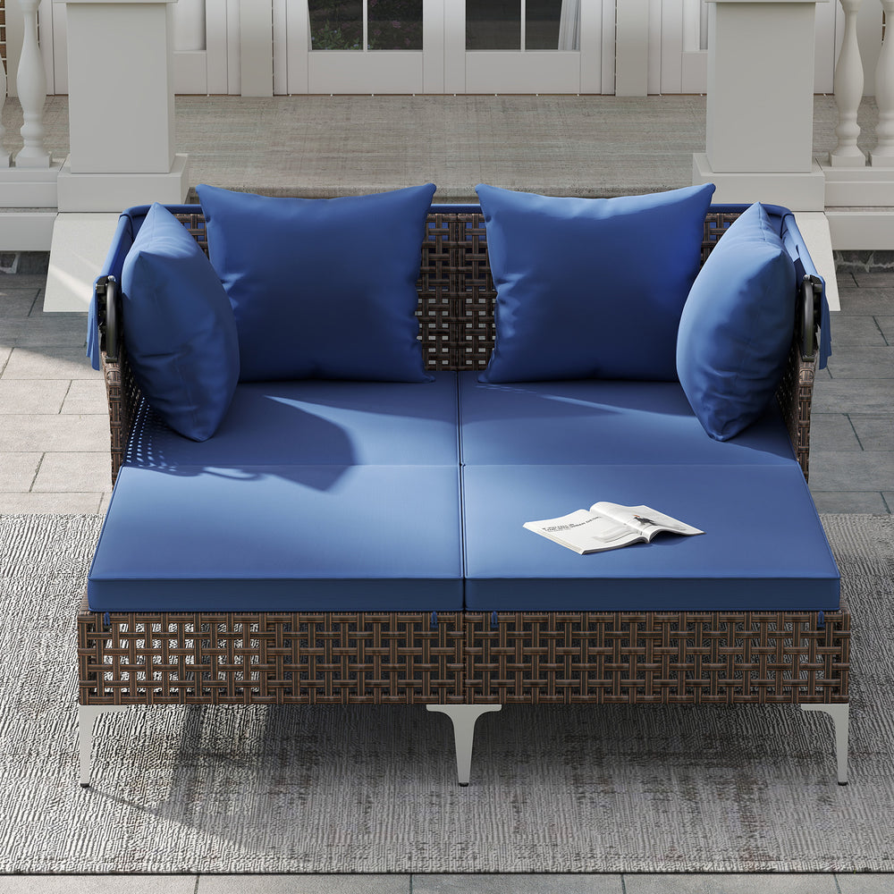 Outdoor Daybed with Retractable Canopy PE Wicker Rattan Patio Lounger-Navy - Gallery View 1 of 11