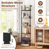 5-tier wall mount ladder shelf in rustic brown with adjustable foot pads, ideal for small spaces and versatile storage.