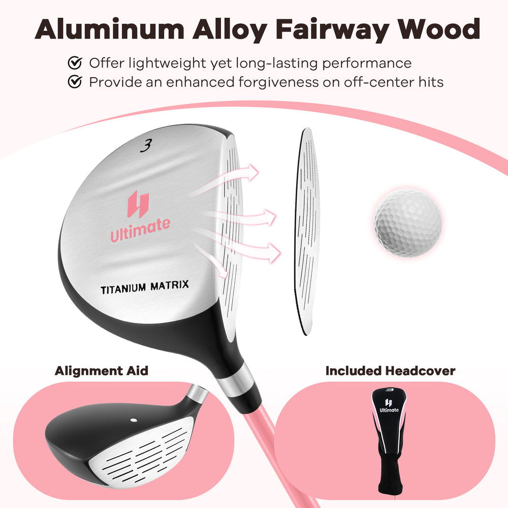 Junior #3 fairway wood golf club in pink, featuring aluminum alloy head, fiberglass shaft, and alignment aid for kids.