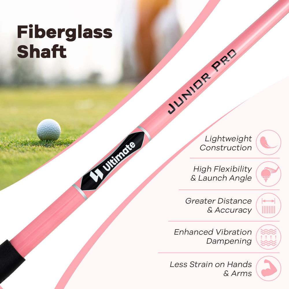 Junior #3 fairway wood golf club with pink fiberglass shaft, designed for kids ages 11-14, featuring lightweight.