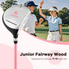 Junior #3 fairway wood golf club in pink, featuring a fiberglass shaft and large sweet spot, designed for kids ages.