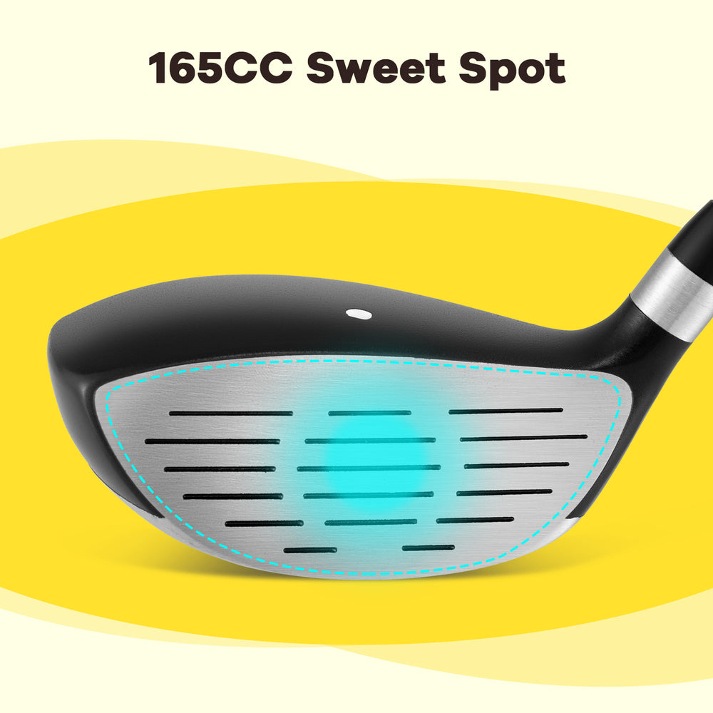 Close-up of the 165CC junior fairway wood golf club head showcasing the large sweet spot for enhanced forgiveness.