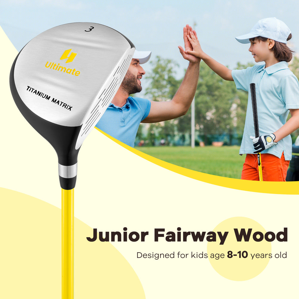 Close-up of the junior fairway wood golf club's alignment aid, designed for kids ages 8-10 with a lightweight.