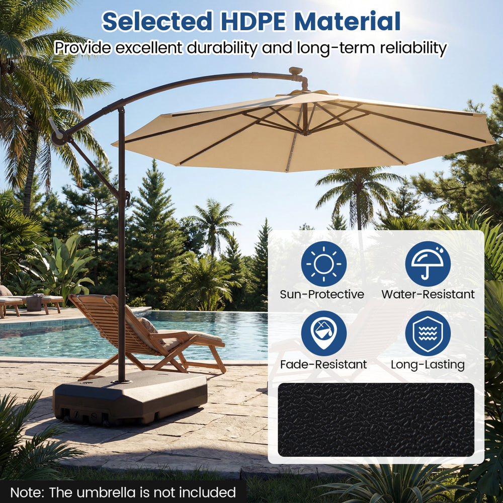 Cantilever umbrella base with wheels, made of HDPE material, designed for stability and easy relocation by the pool.