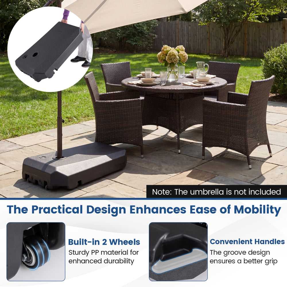 Cantilever umbrella base with wheels, made of HDPE material, designed for easy mobility and stability outdoors.