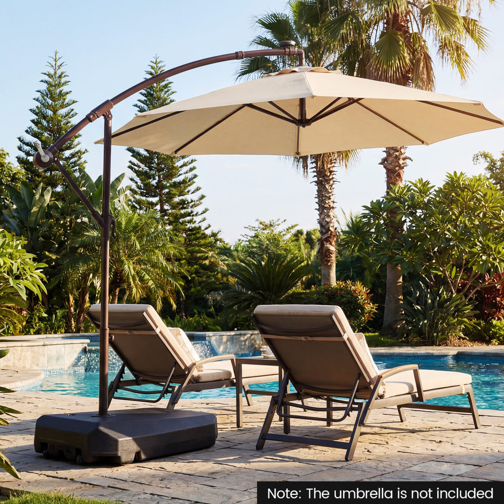 Cantilever umbrella base with wheels and cross base, featuring a durable HDPE design for easy relocation and stability.