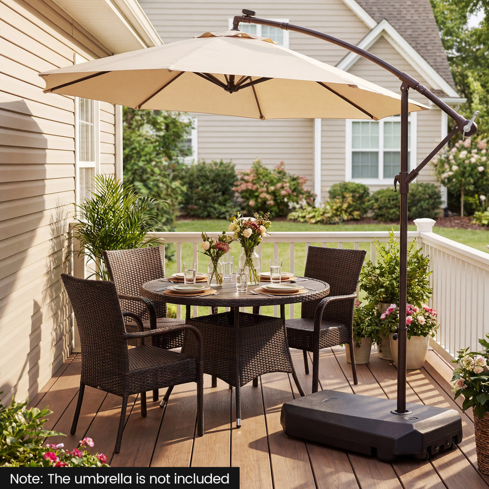 Cantilever umbrella base with wheels, designed for stability and easy transport, ideal for outdoor patio use.