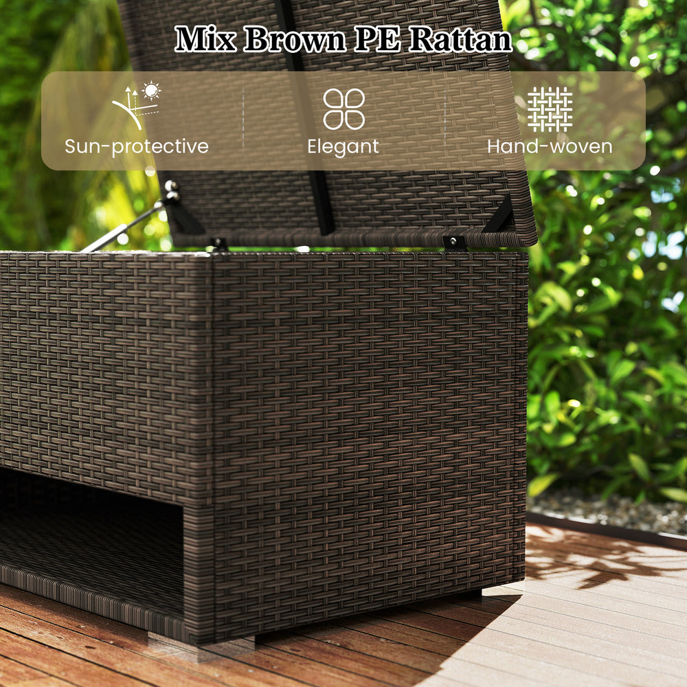 PE rattan storage bin with waterproof liner, featuring a large inner space and sun-protective design for patio use.