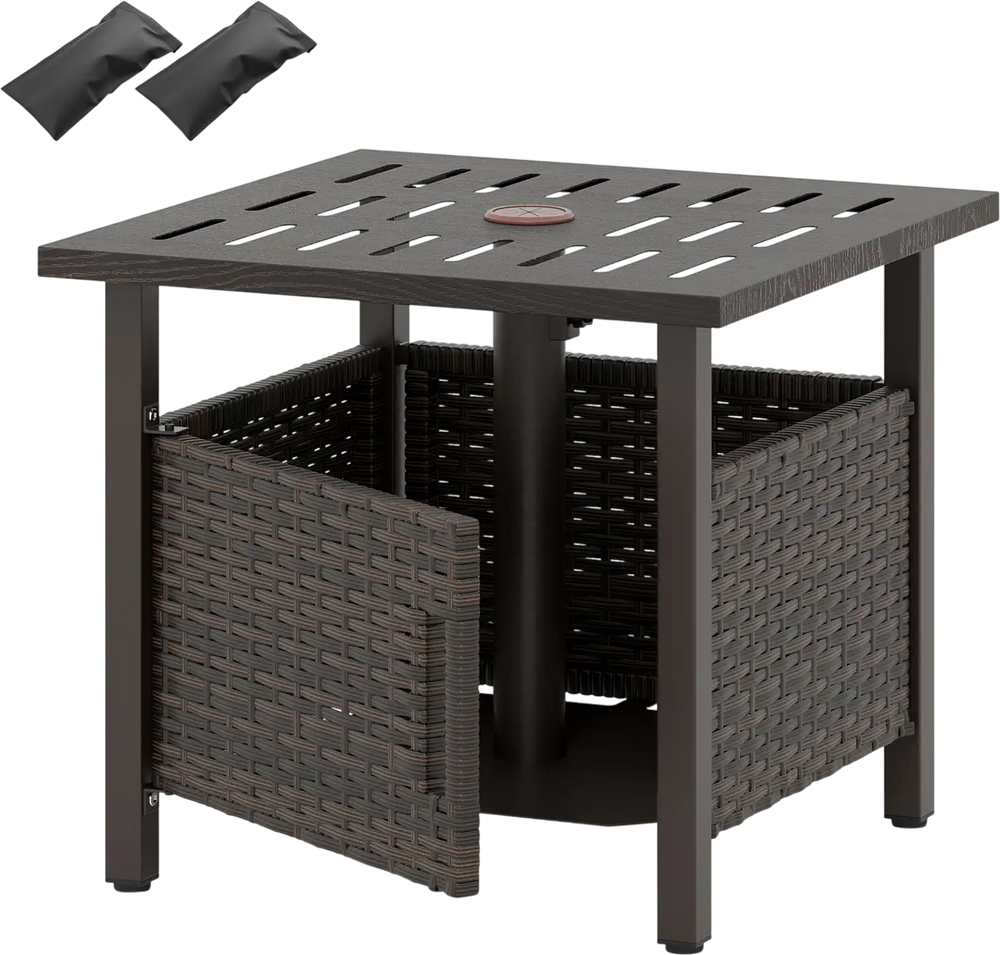 Brown outdoor side table with 1.93" umbrella hole, made of weather-resistant PE wicker, ideal for patio use.