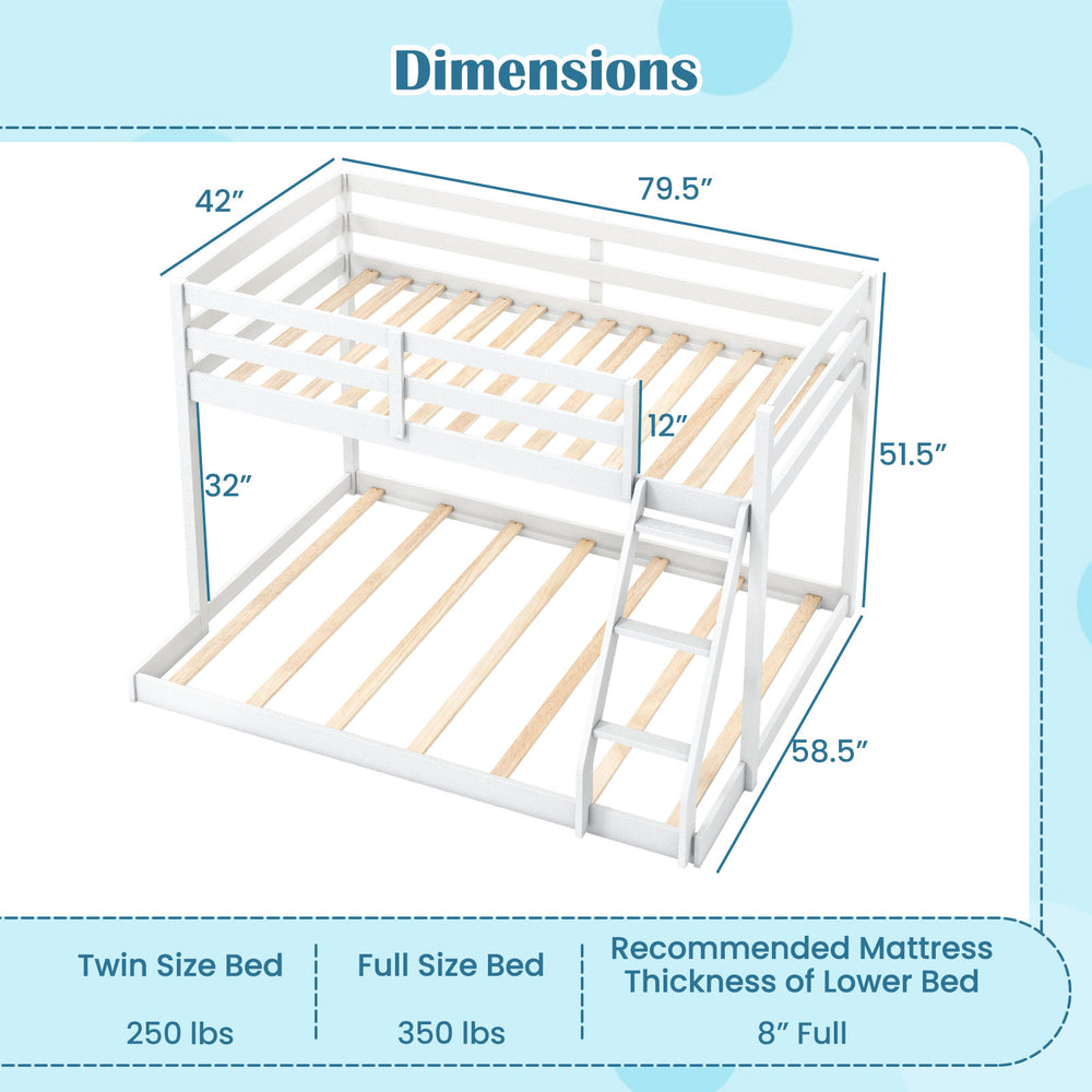 Twin over full low floor bunk bed frame in white with solid pine wood, integrated ladder, and full-length guardrails.