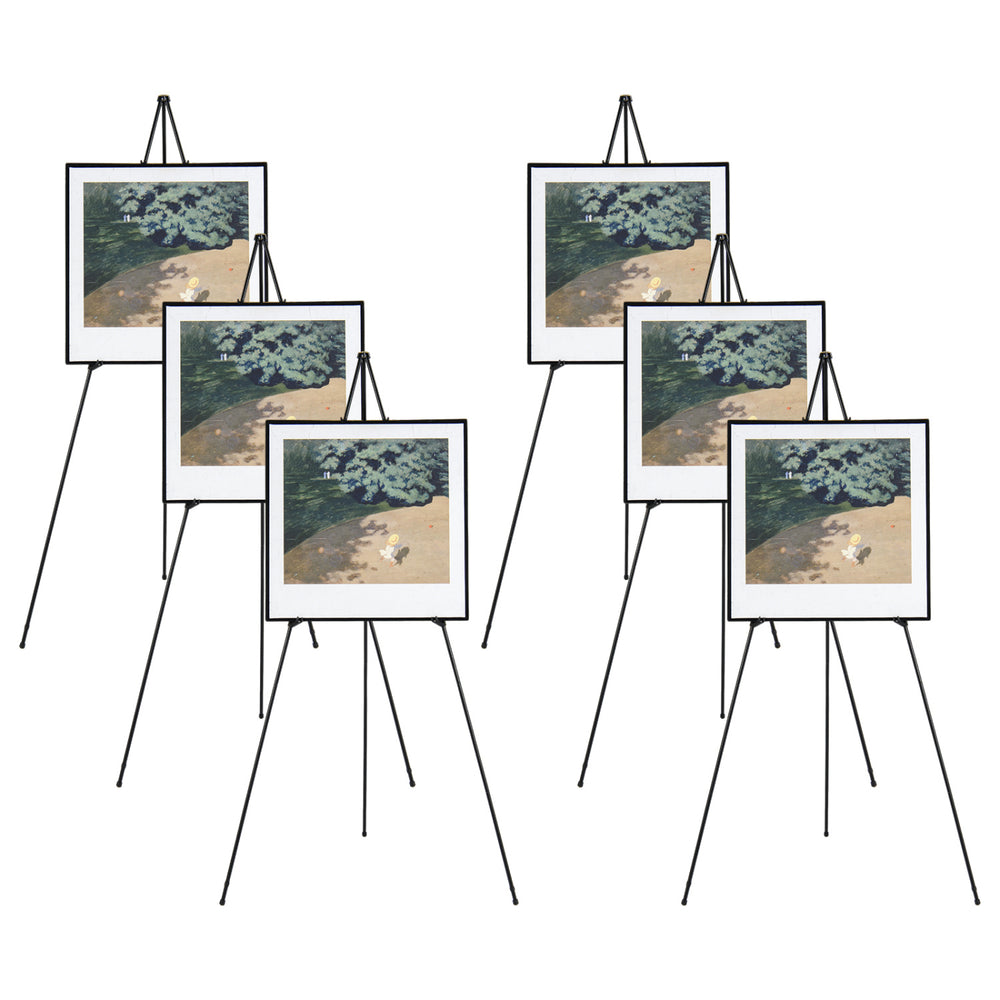 Set of six black metal easel stands with adjustable heights, ideal for presentations at weddings and art exhibits.