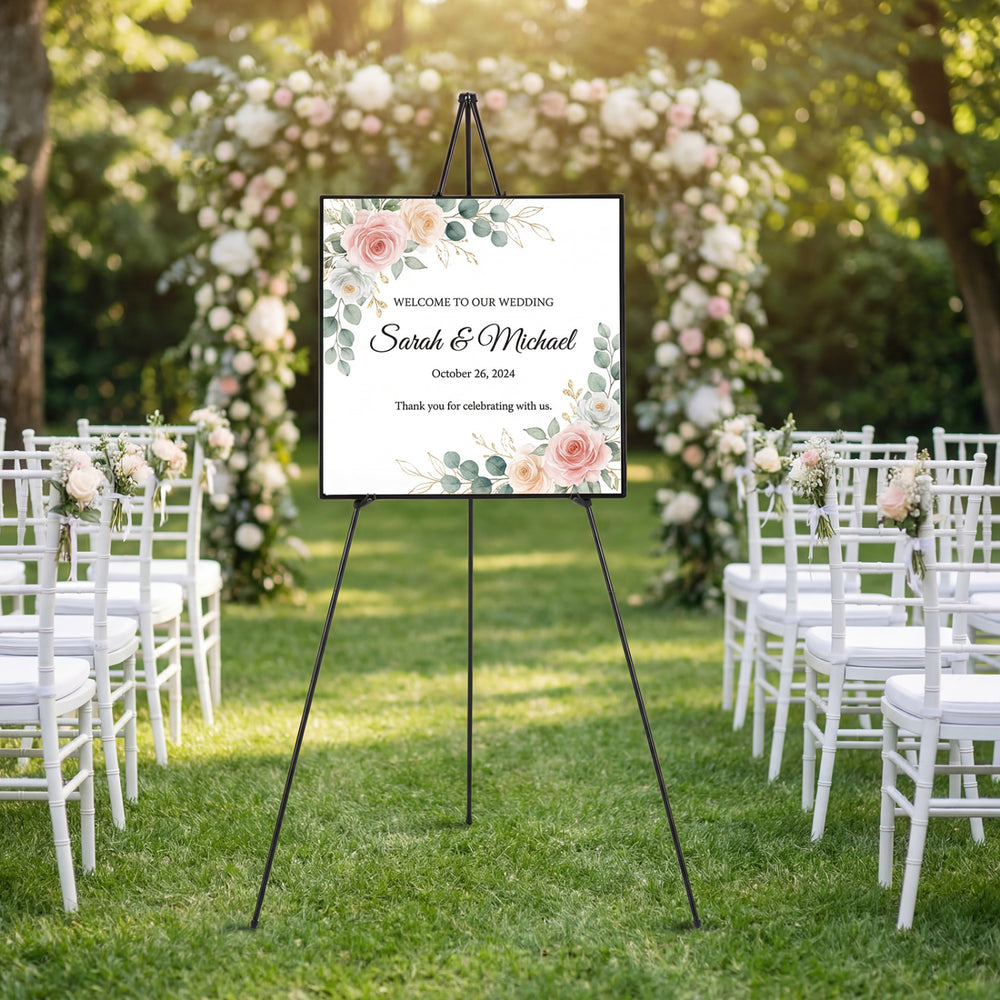 Metal easel stand displaying a wedding welcome sign, perfect for ceremonies and events, featuring a sturdy black frame.