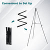 Black metal easel stand set showing tool-free unfolding and adjustable card slots for versatile display options.