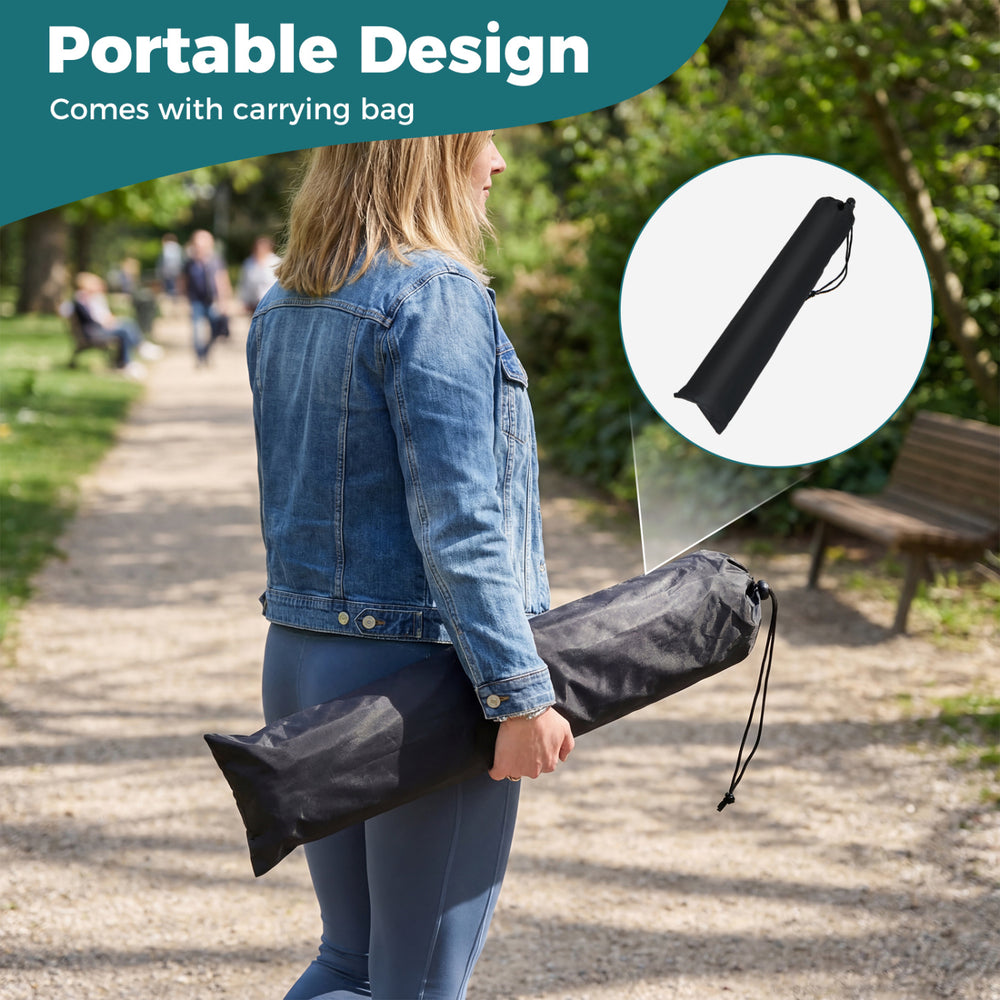 Metal easel stand set in a carrying bag, designed for easy transport and stability for presentations and events.
