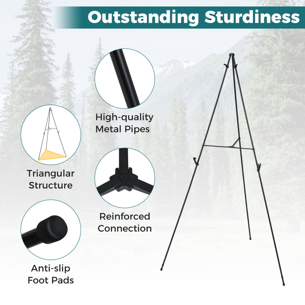 Black metal easel stand with triangular structure and anti-slip foot pads, ideal for art exhibits and presentations.