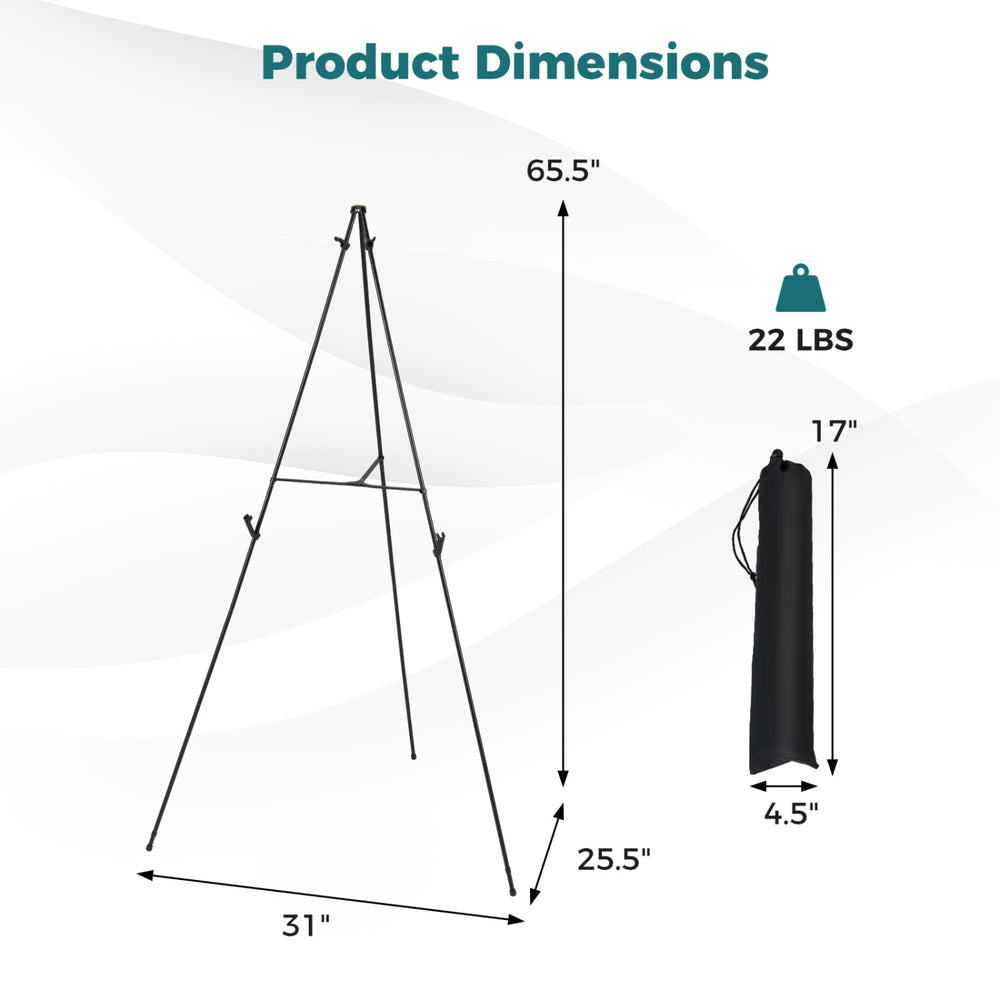 Metal easel stand dimensions showing a 65.5" height and 31" width, ideal for presentations and events.