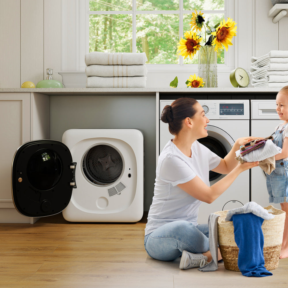 Portable clothes dryer with stainless steel tub, featuring a compact design and efficient 1.5 cu.ft capacity for easy.