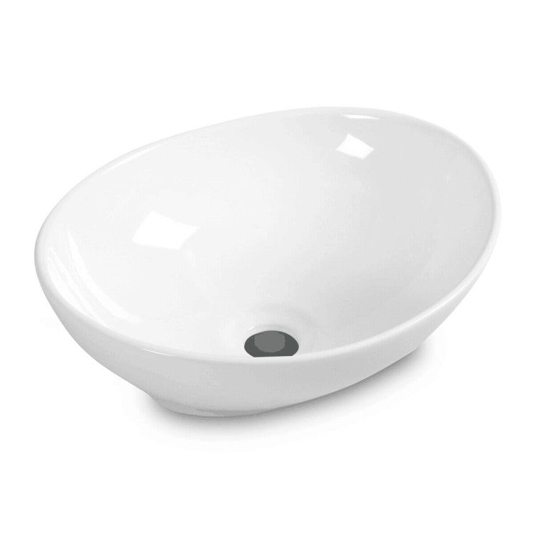 Oval ceramic sink designed for modern bathrooms, featuring a sleek finish for stylish décor and easy installation.