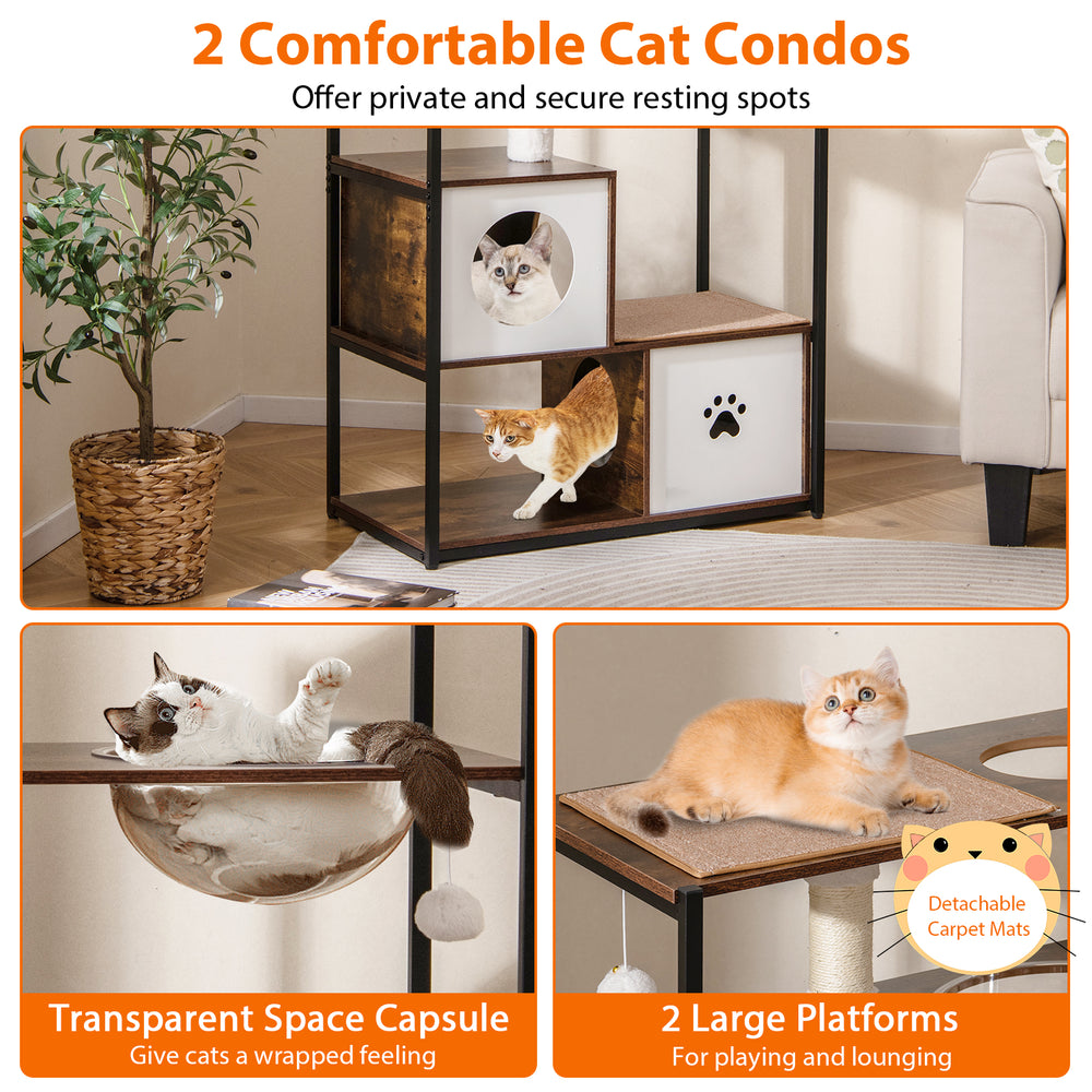 Wooden cat tree with 2 condos and soft cushions, featuring a transparent space capsule for playful lounging.