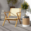 Teak wood patio chair with webbing seat and backrest, featuring wide armrests for comfort, ideal for indoor or outdoor.