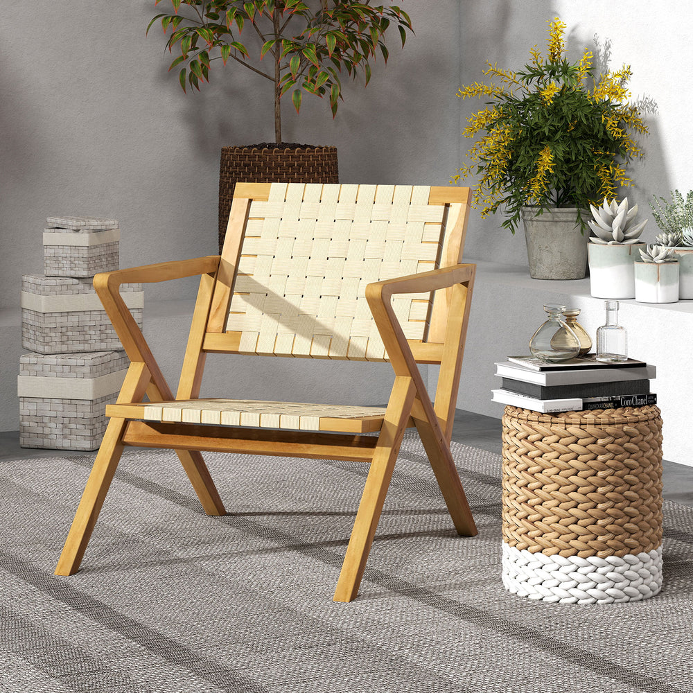 Teak wood patio chair with webbing seat and backrest, featuring wide armrests for comfort, ideal for indoor or outdoor.