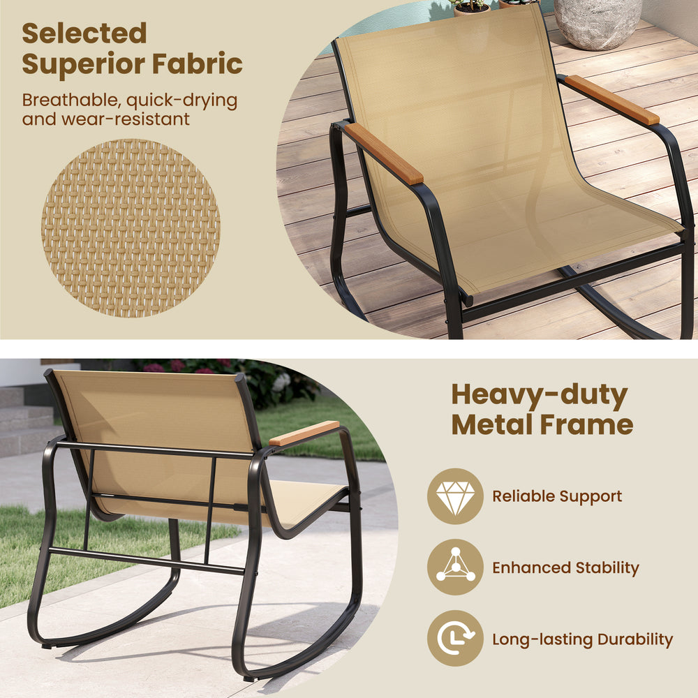 Brown rocking bistro chair with ergonomic design, breathable fabric, and heavy-duty metal frame for outdoor relaxation.